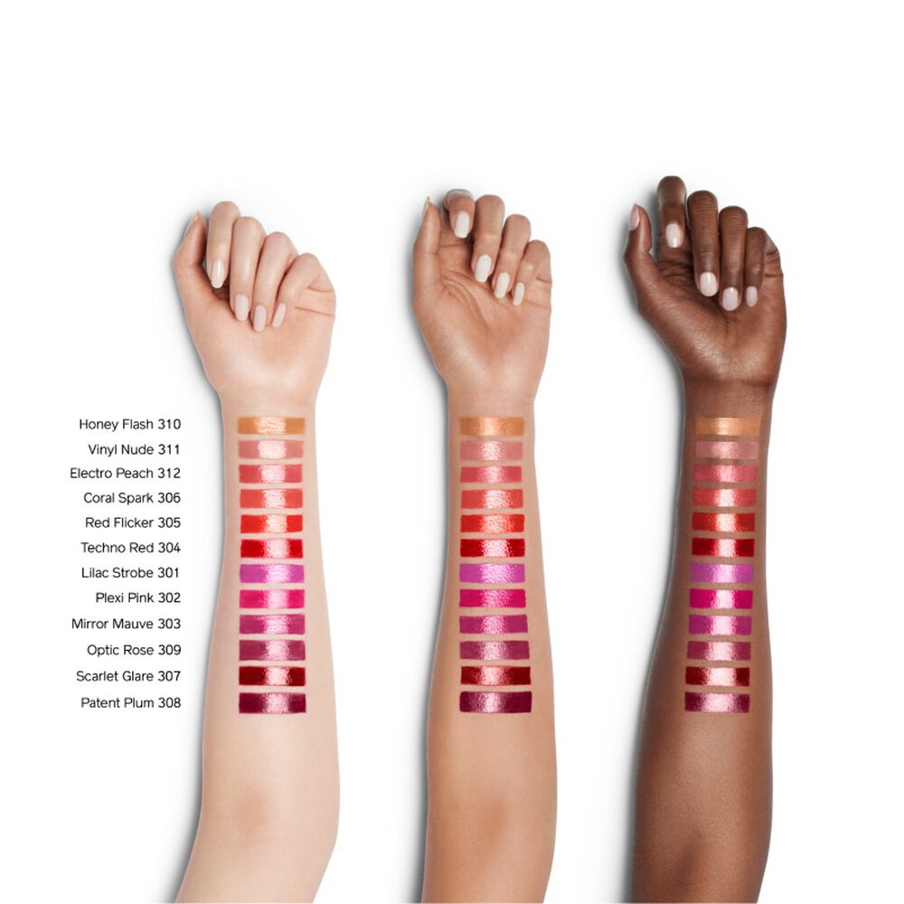 Lip swatches on three different skin tones with color names listed.