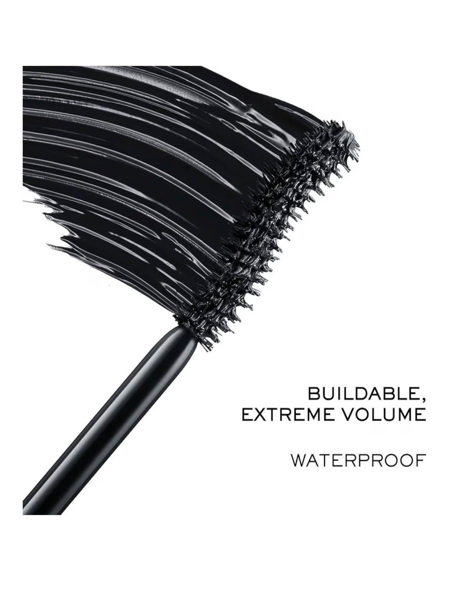 Black mascara wand with text 'Buildable, Extreme Volume, Waterproof' on a white background. Lancome, Monza Outlet, Monza Fashion, Shein Outlet