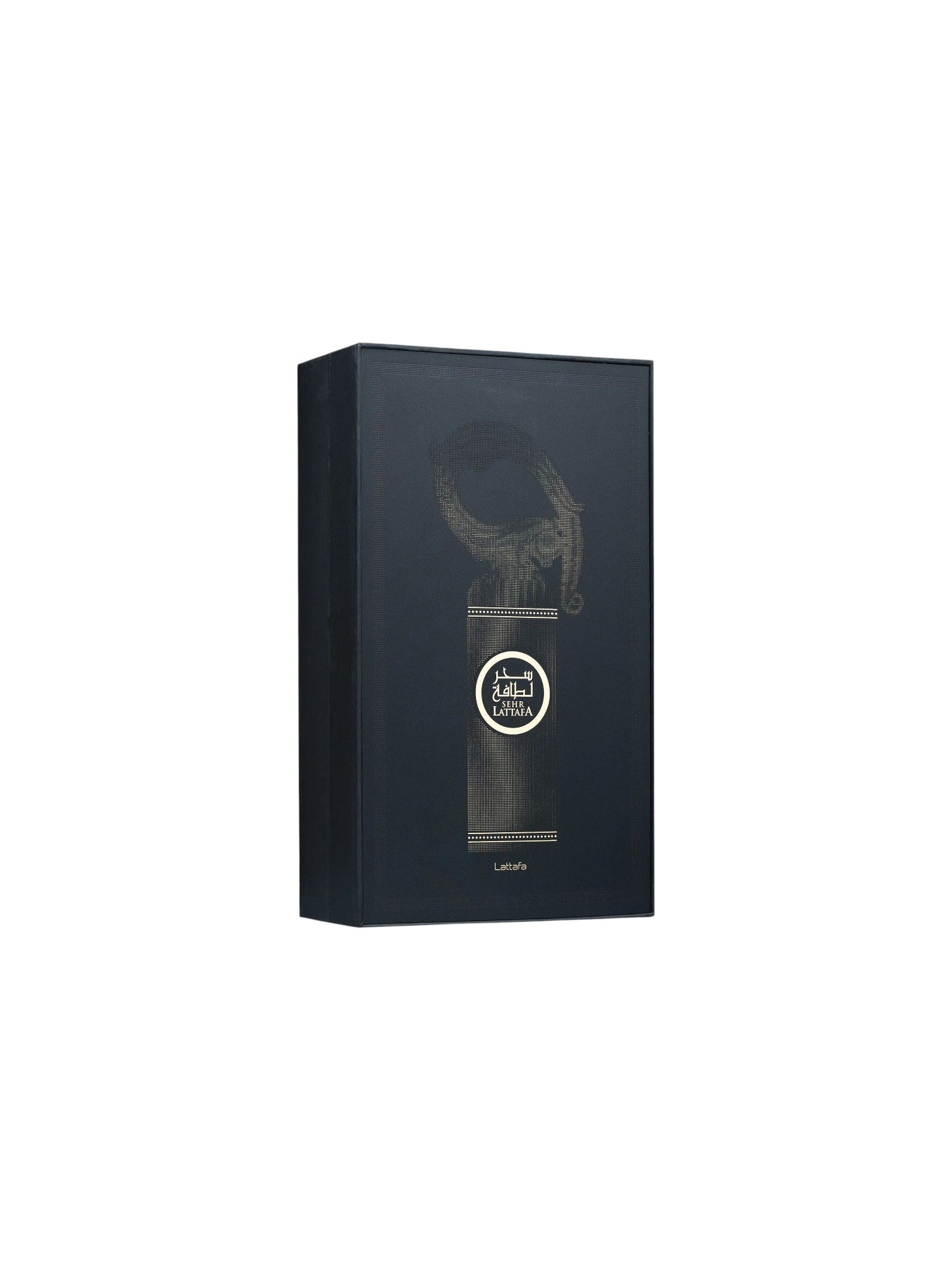 Black rectangular box with a brand logo on a white background. Lattafa, Monza Outlet, Monza Fashion, Shein Outlet