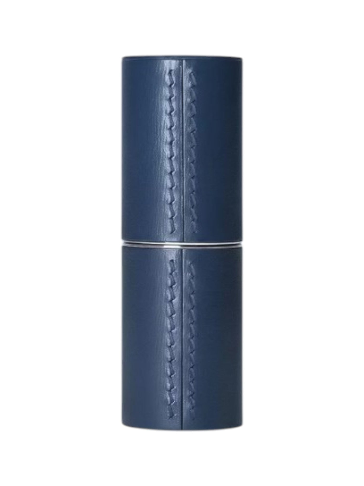Blue cylindrical product with stitching detail on a white background