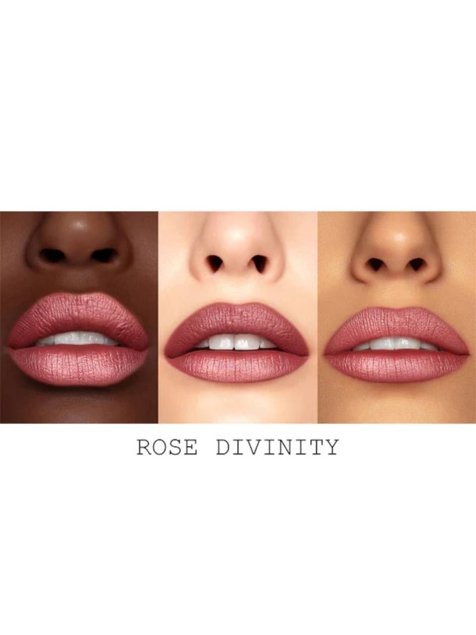 Lipstick shade Rose Divinity shown on three different skin tones with a white background. Pat McGrath Labs Monza Outlet