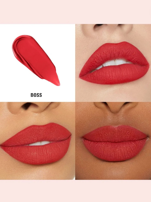 Red lipstick swatch labeled BOSS applied to lips on a light pink background Boss Monza Outlet, Monza Fashion, Shein Outlet