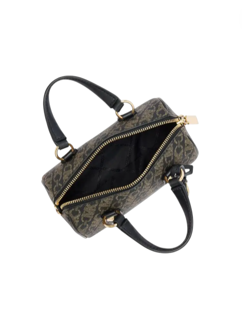 Patterned handbag with black handles and gold zippers on a white background monza outlet, Shein outlet, monza fashion