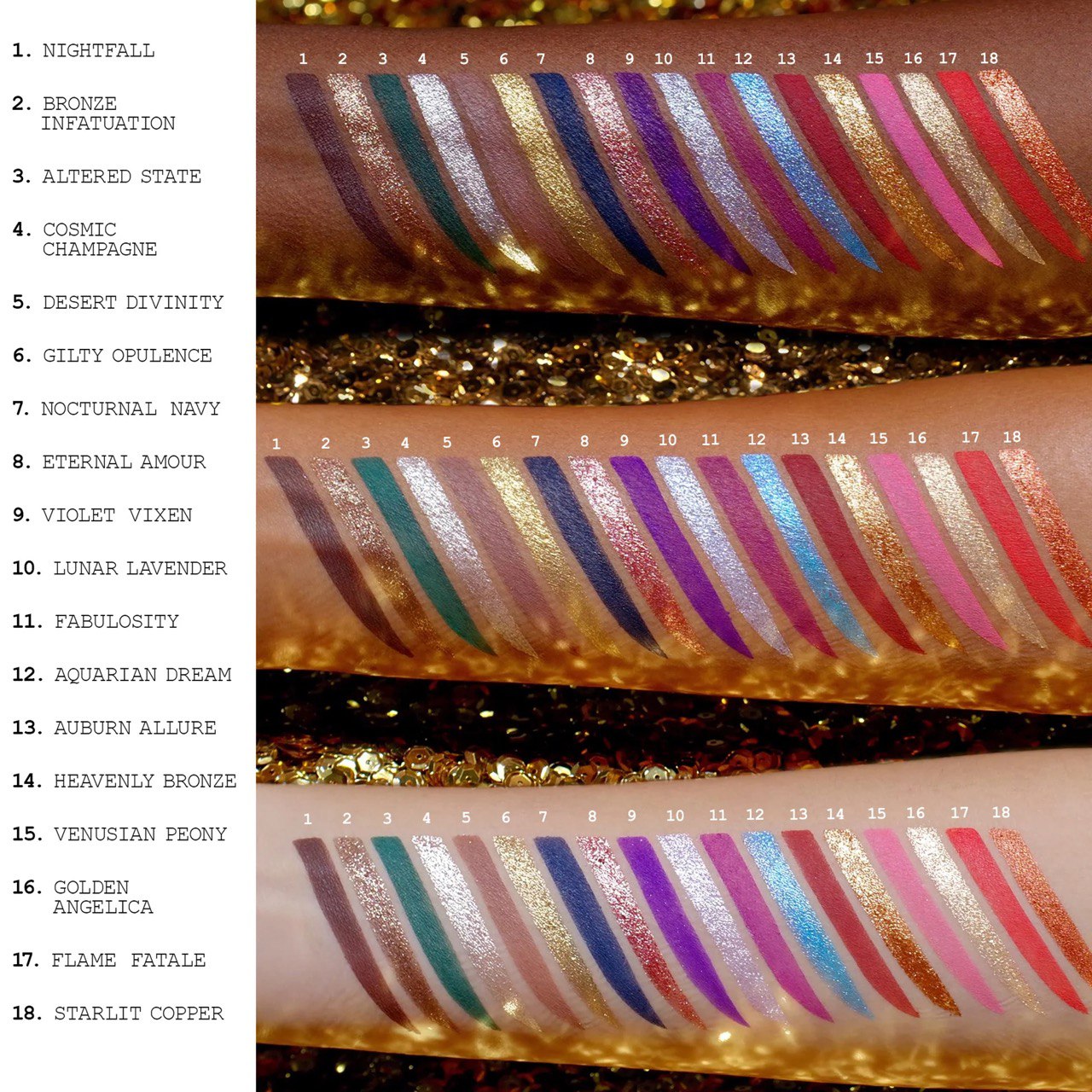 Swatches of eyeshadow in a gradient pattern with color names. Monza Outlet