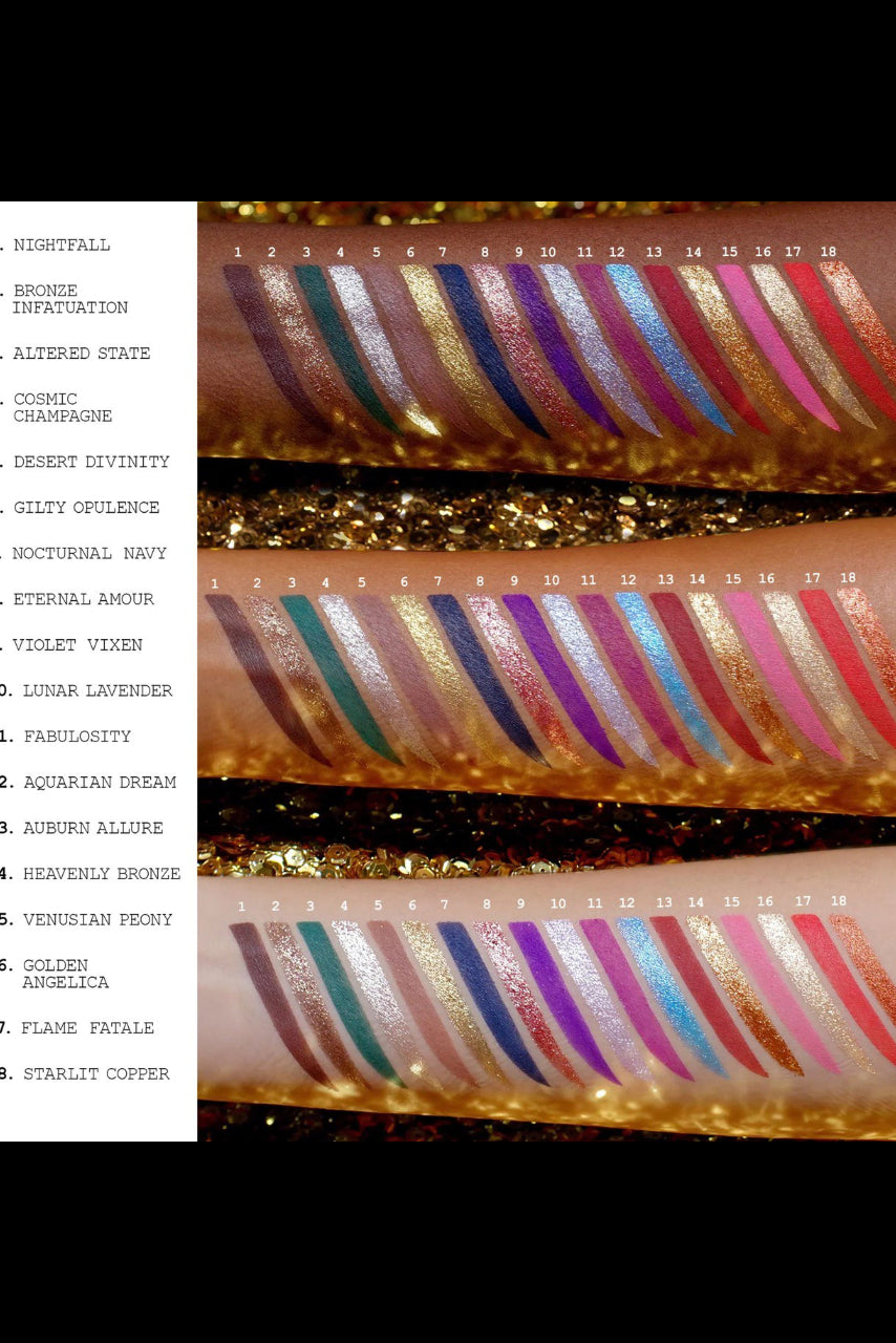 Swatches of eyeshadow in a gradient pattern with color names. Monza Outlet