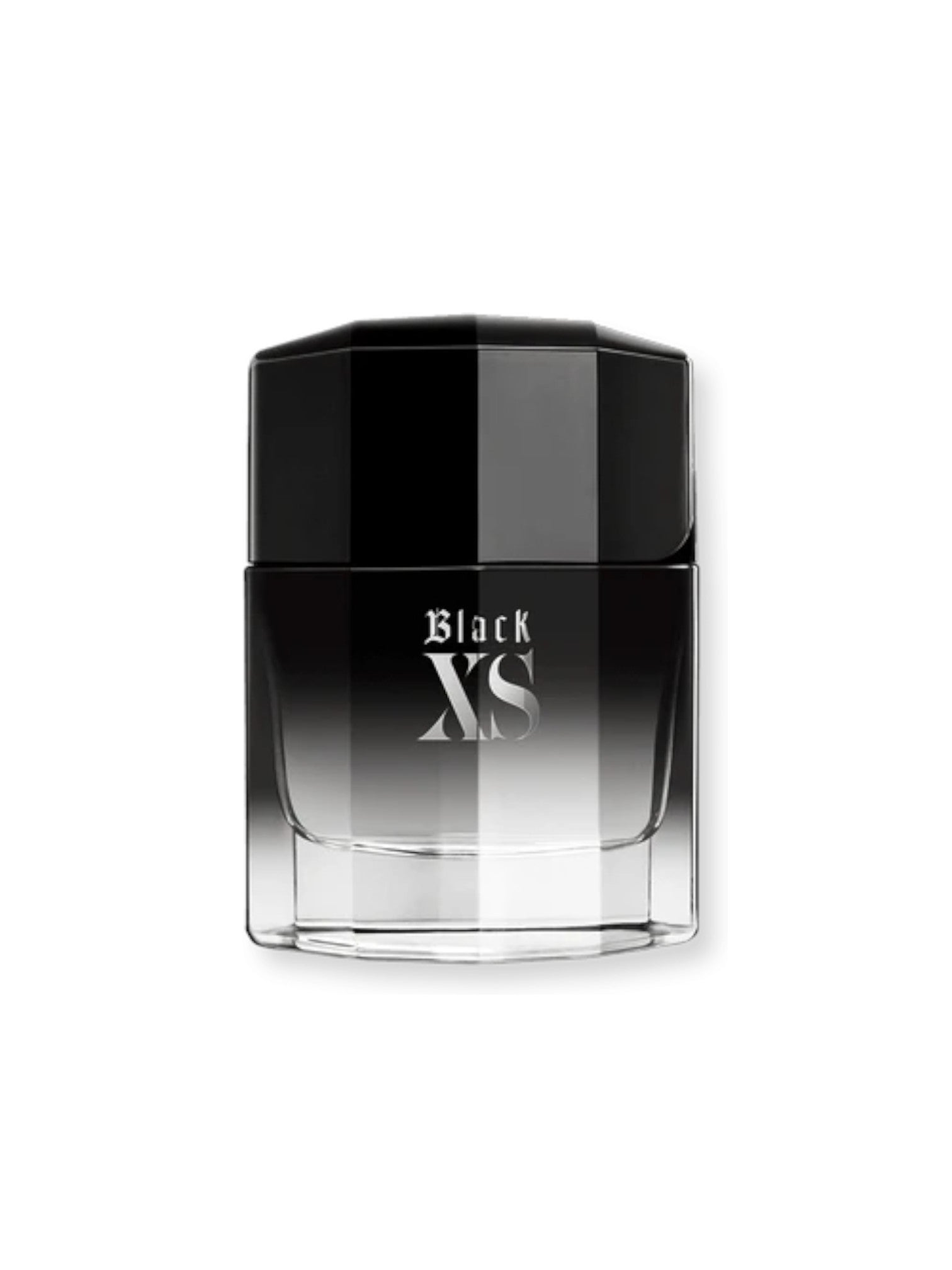 Black XS perfume bottle on a white background. Paco Rabanne, Monza Outlet, Monza Fashion, Shein Outlet