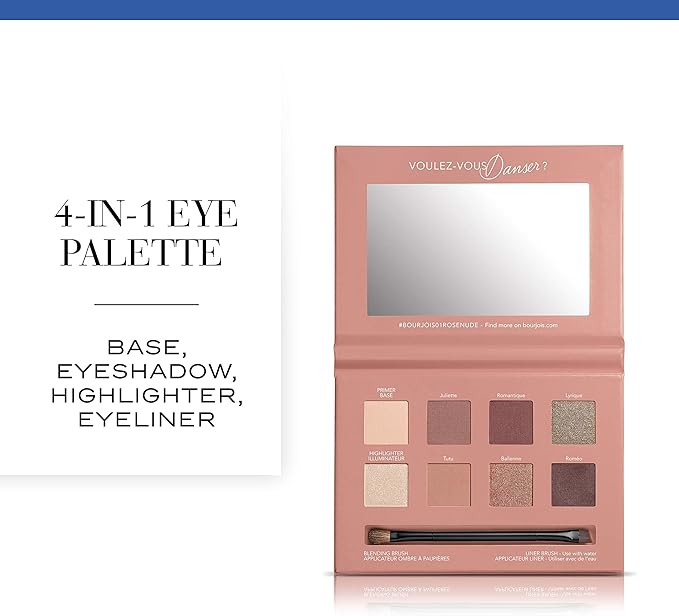 4-in-1 eye palette with makeup shades and a brush, open to show contents. Monza outlet, monza fashion, shein outlet, shien outlet