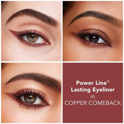 Collage of eyes with Power Line Lasting Eyeliner in Copper Comeback on a maroon background. Monza fashion outlet, monza outlet, shein outlet, shien outlet cosmetics, makeup, perfume
