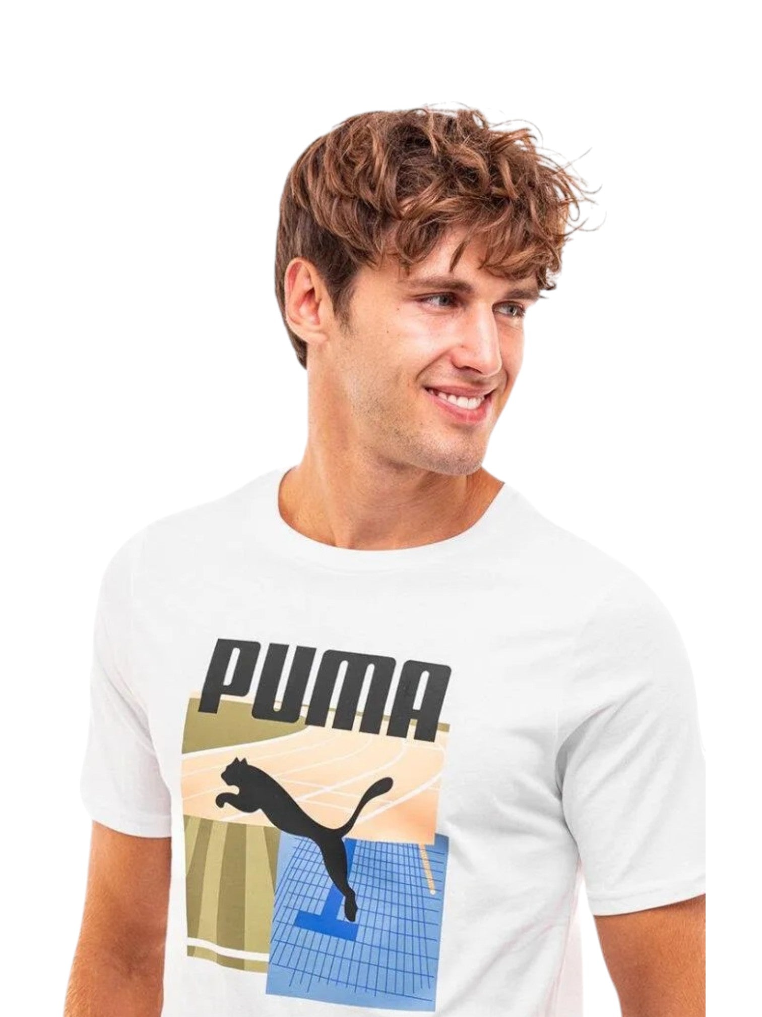 Man wearing a white Puma t-shirt with colorful graphic design on a white background. Puma, Monza Outlet, Monza Fashion, Shein Outlet