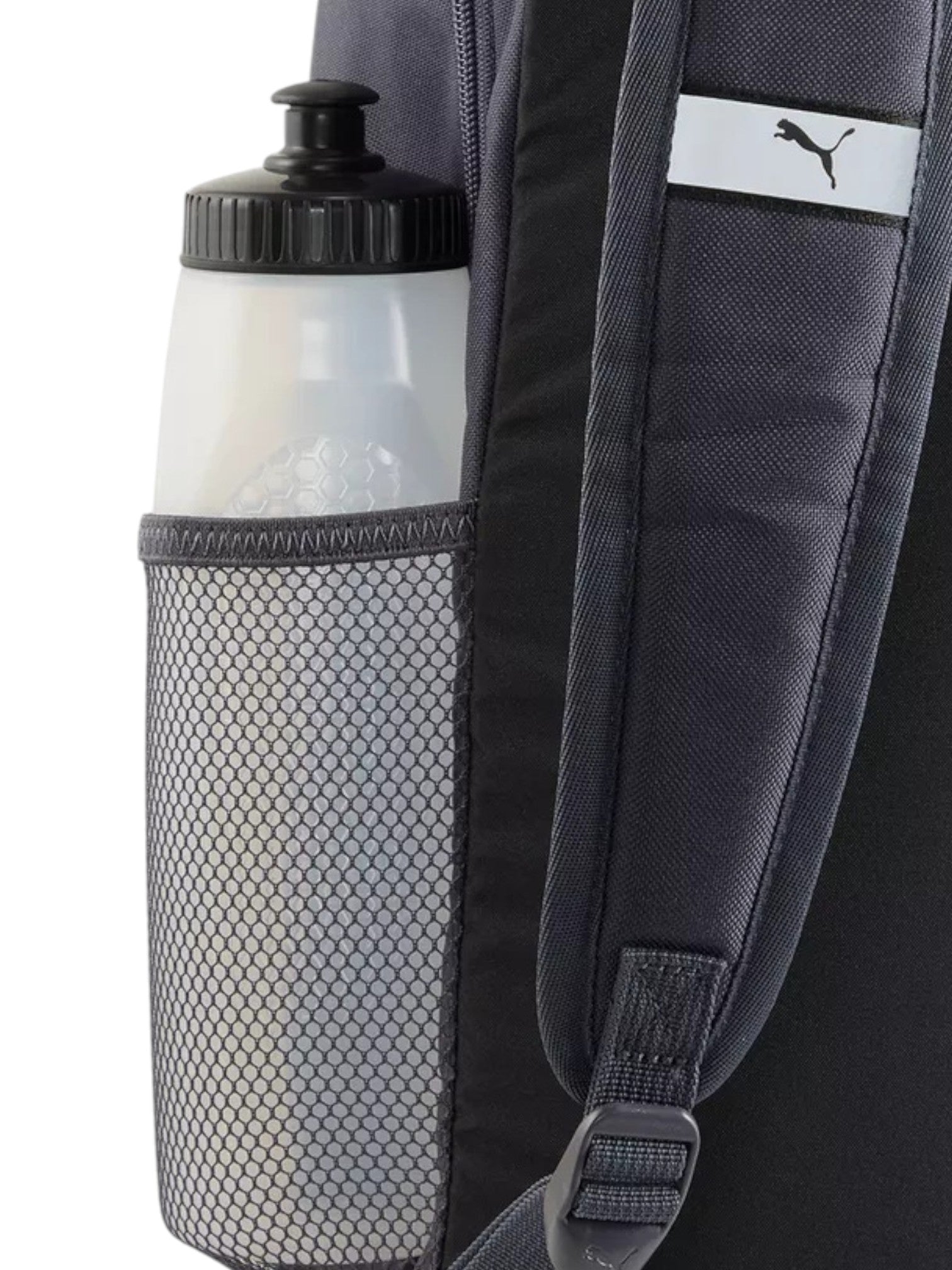 Gray backpack with a water bottle holder featuring Puma branding. Puma, Monza Outlet, Monza Fashion, Shein Outlet