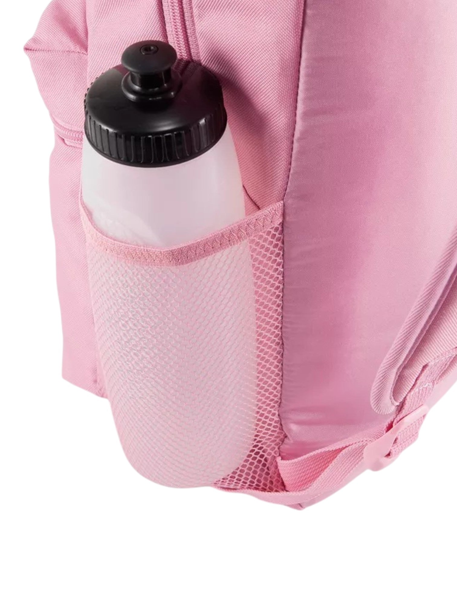 Pink backpack with a water bottle in the front pocket on a white background. Puma, Monza Outlet, Monza Fashion, Shein Outlet