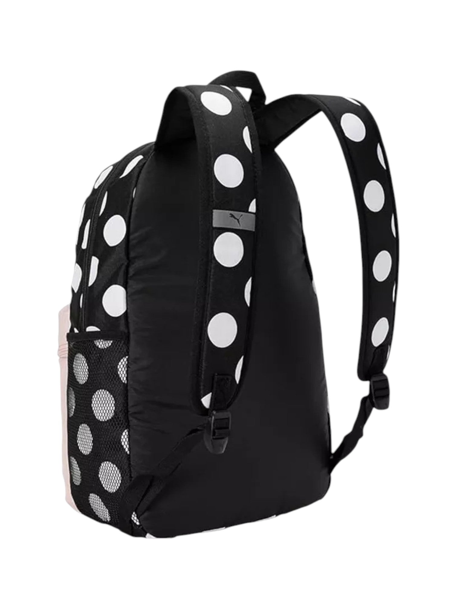 Black backpack with white polka dots on a white background. Puma, Monza Outlet, Monza Fashion, Shein Outlet