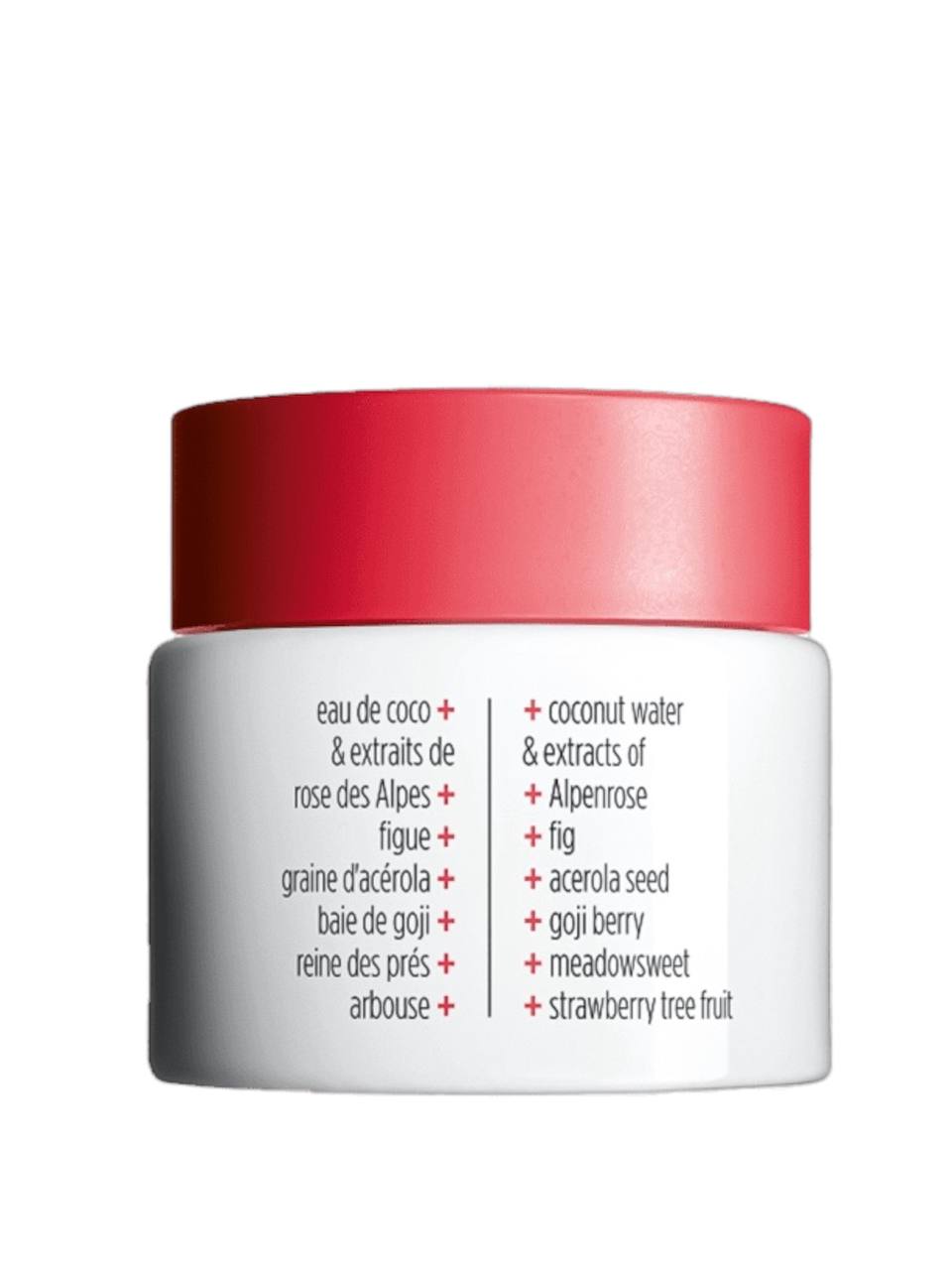 Cosmetic jar with red lid and white body displaying ingredient list on a white background Clarins Monza Outlet