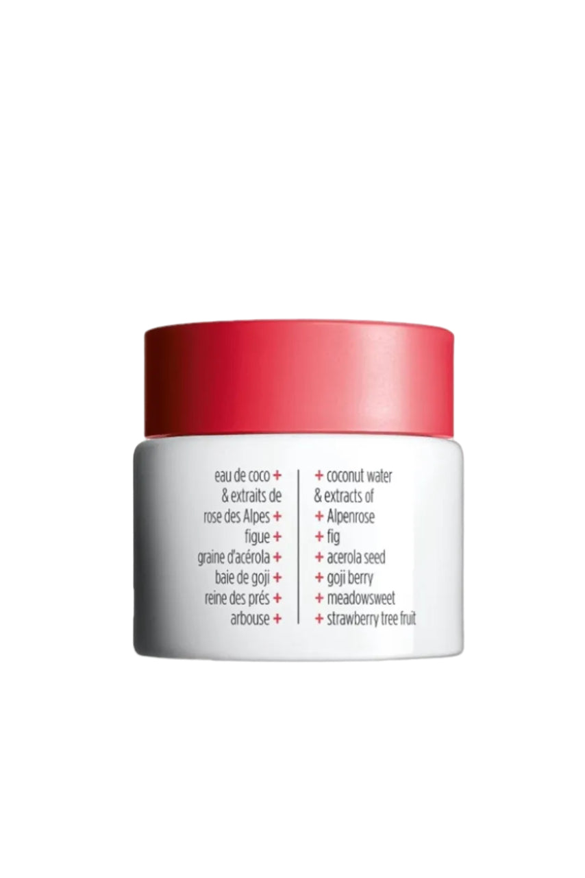 Cosmetic jar with red lid and white body displaying ingredient list on a white background Clarins Monza Outlet