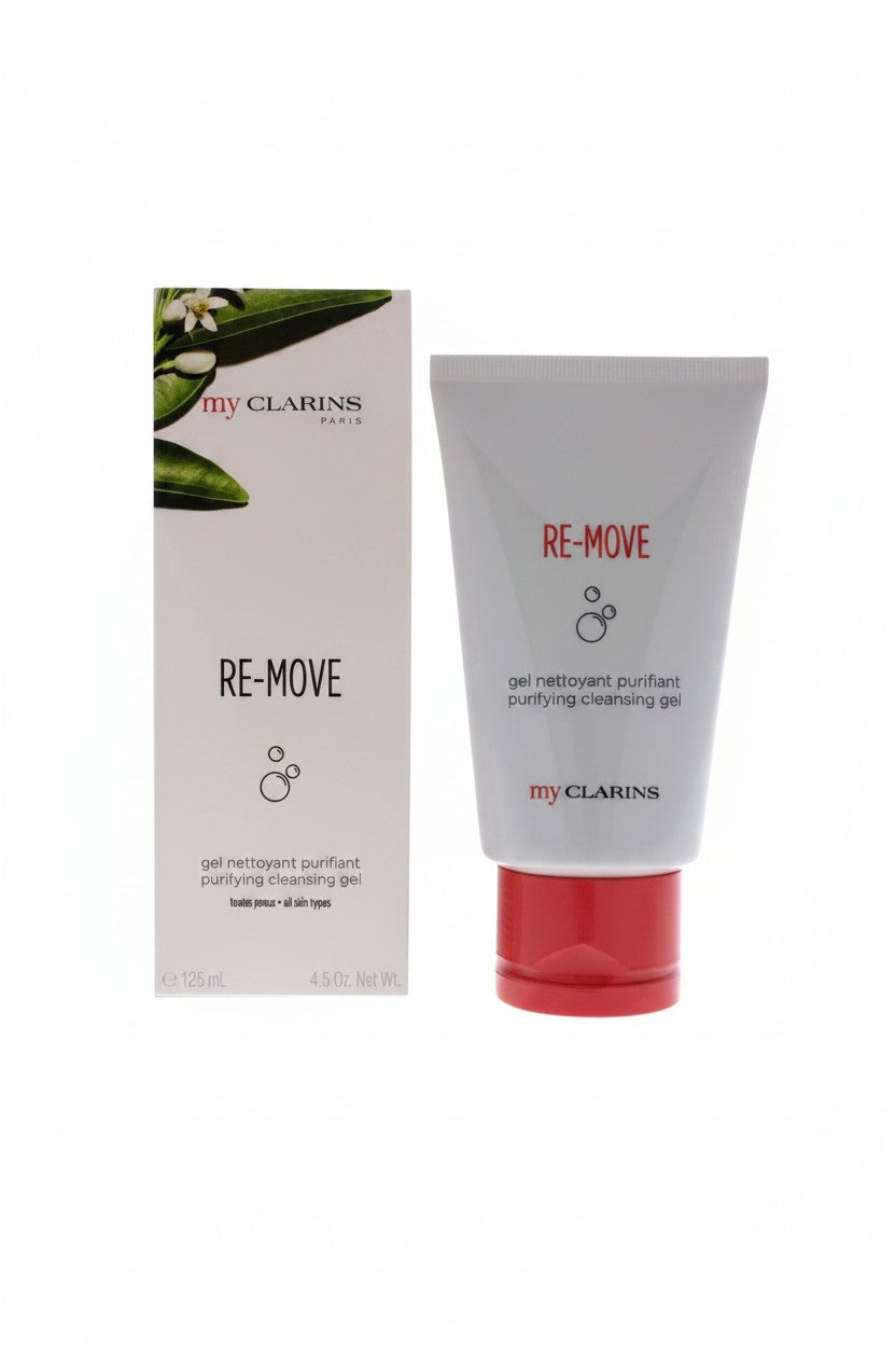 Clarins Re-Move cleansing gel with packaging on a white background. Clarins, Monza Outlet, Monza Fashion, Shein Outlet