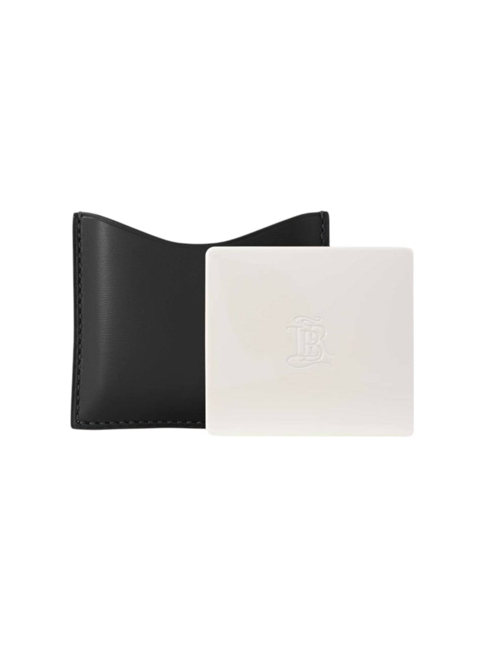 Black and white leather cardholder with a visible brand logo on a white background