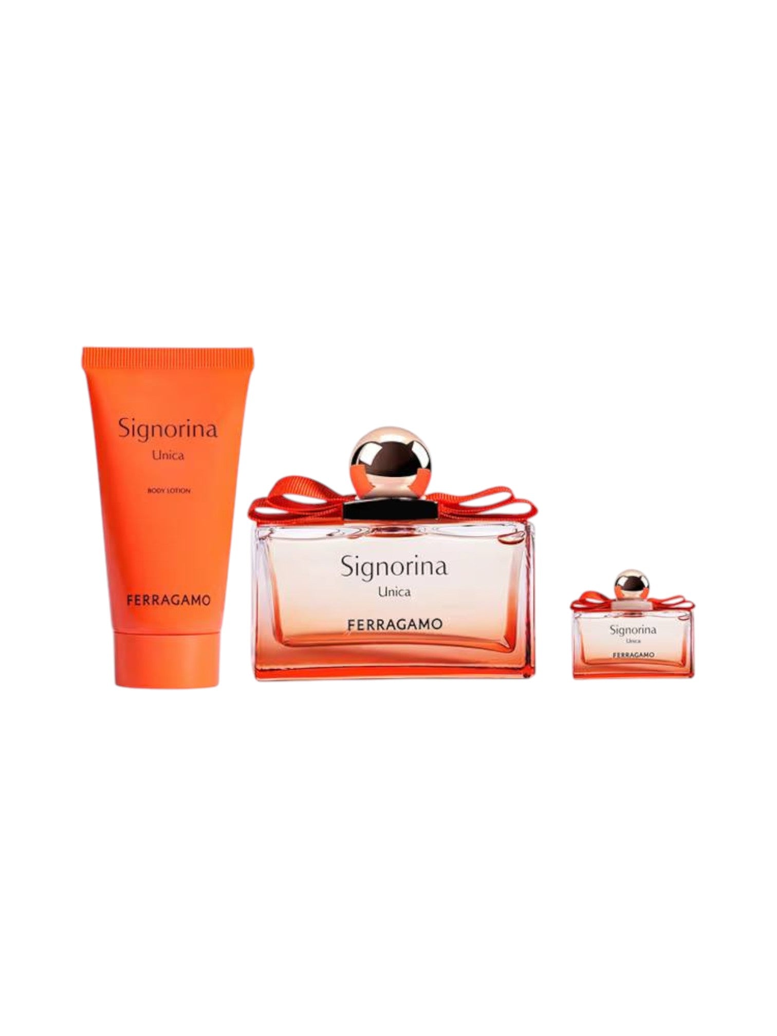 Ferragamo Signorina Unica perfume set with bottle, lotion, and box on a white background. Ferragamo, Monza Outlet, Monza Fashion, Shein Outlet