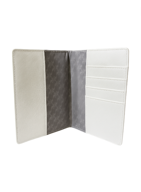 Open cardholder with gray interior and beige exterior on a white background