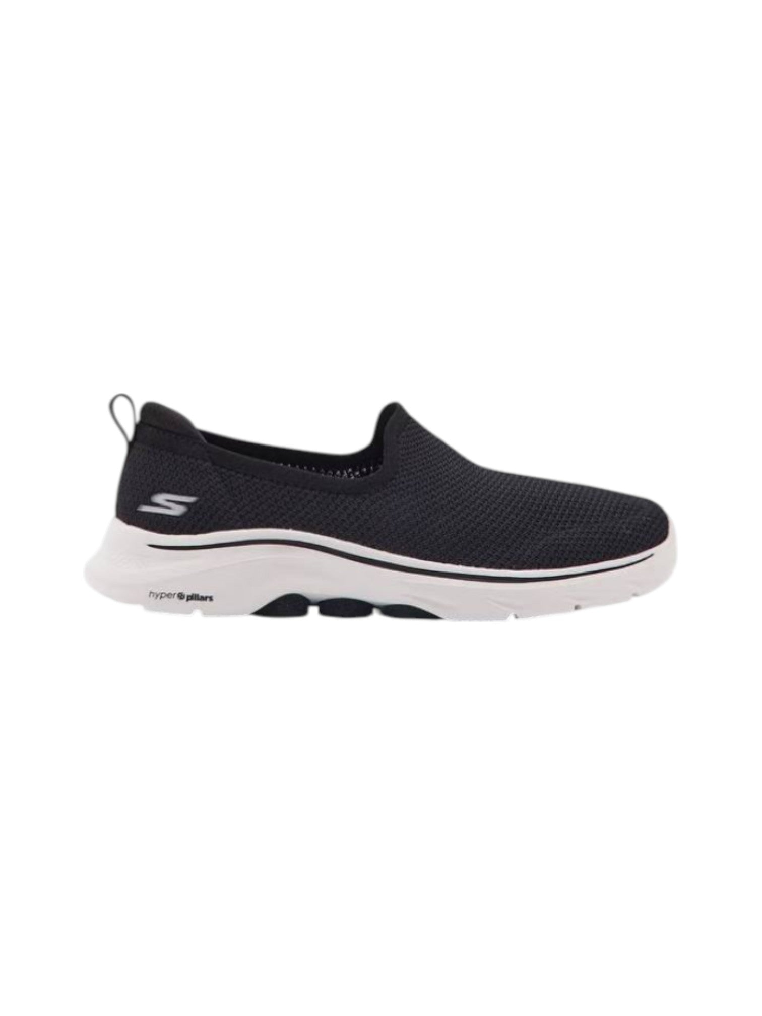 Black slip-on sneaker with white sole on a white background. Skechers, Monza Outlet, Monza Fashion, Shein Outlet