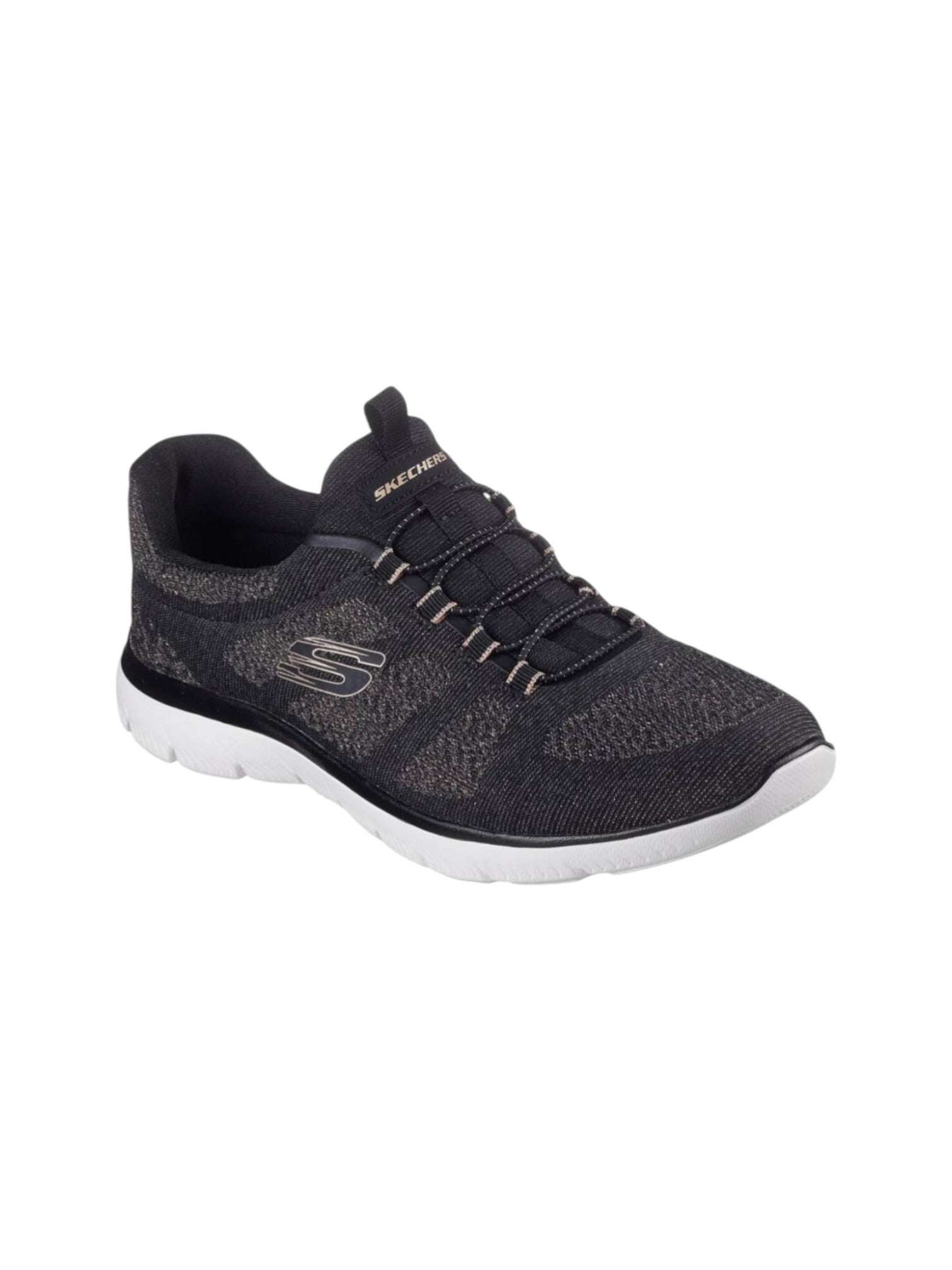 Black sneaker with white sole on a white background. Skechers, Monza Outlet, Monza Fashion, Shein Outlet