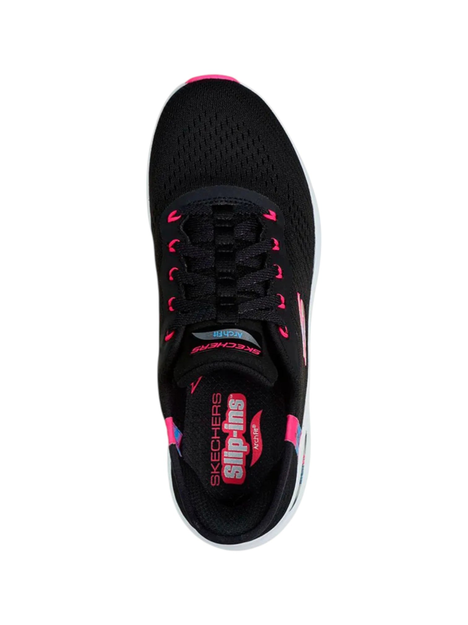 Black sneaker with pink accents on a white background. Skechers, Monza Outlet, Monza Fashion, Shein Outlet