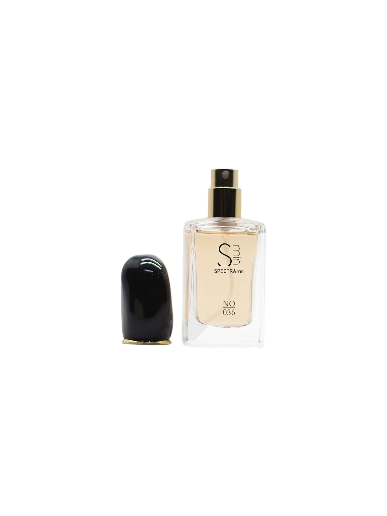 Perfume bottle with black cap on a white background. Spectra Mini, Monza Outlet, Monza Fashion, Shein Outlet
