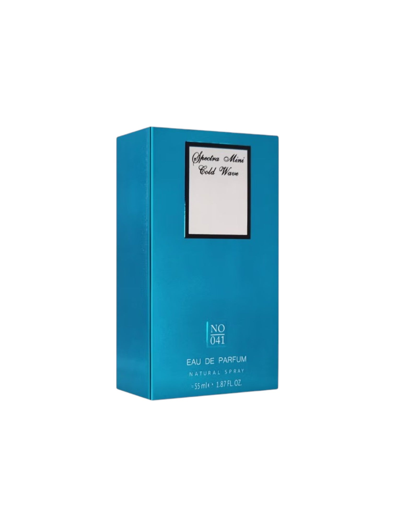 Blue perfume box with white label on a white background. Spectra, Monza Outlet, Monza Fashion, Shein Outlet