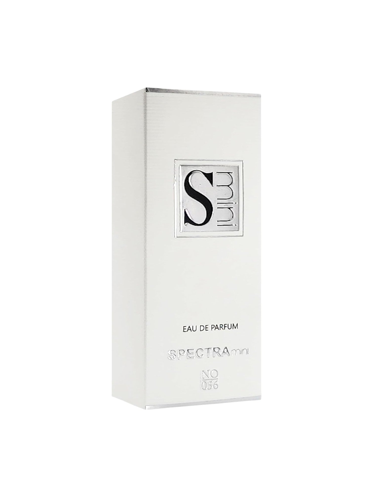 A tall, slender white rectangular box for Spectra No. 036 Eau de Parfum, featuring a silver square logo with a black stylized S and spectra text, on a plain white background. Spectra Mini, Monza Outlet, Monza Fashion, Shein Outlet