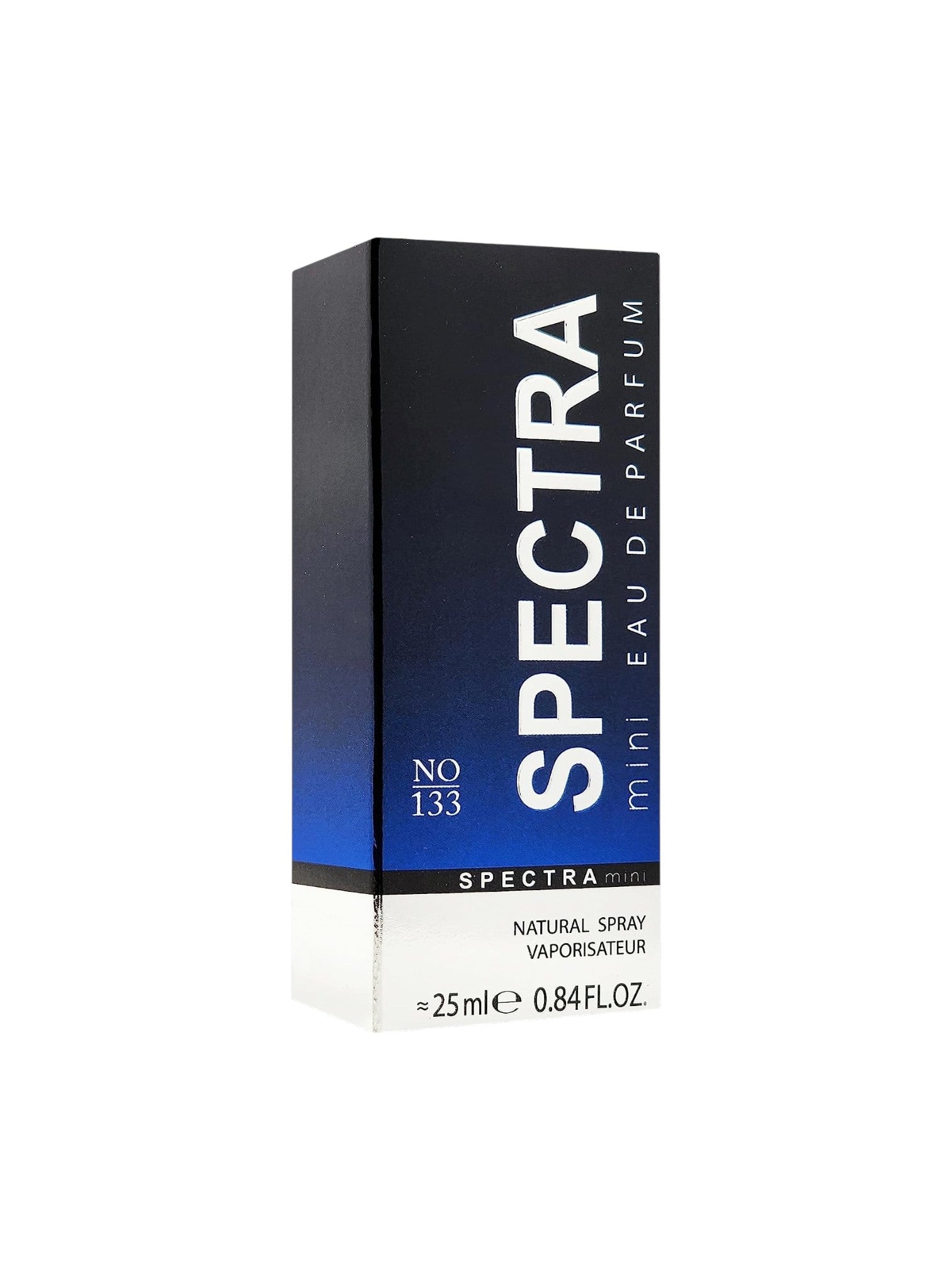 Spectra No. 133 Mini Eau de Parfum natural spray, 25ml bottle packaging, featuring a black and blue gradient design with white text, shown on a plain white background. Spectra Mini, Monza Outlet, Monza Fashion, Shein Outlet
