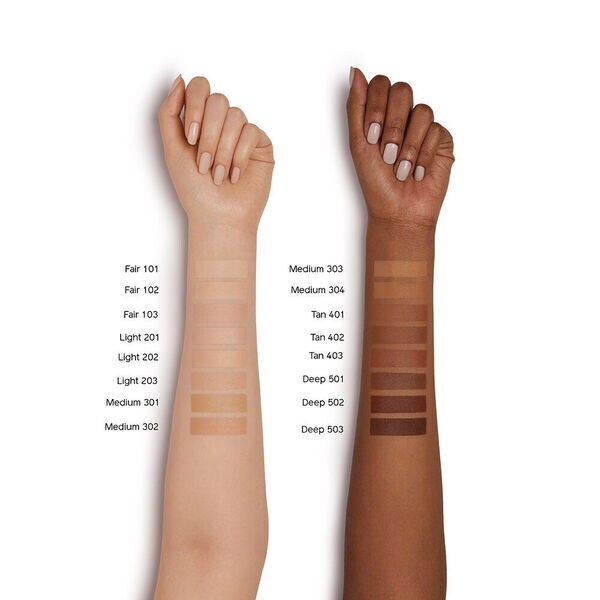 Two arms with different skin tones displaying makeup swatches labeled with color numbers. Monza outlet, monza fashion, shein outlet, shien outlet