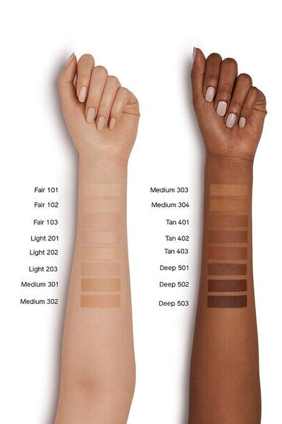Two arms with different skin tones displaying makeup swatches labeled with color numbers. Monza outlet, monza fashion, shein outlet, shien outlet