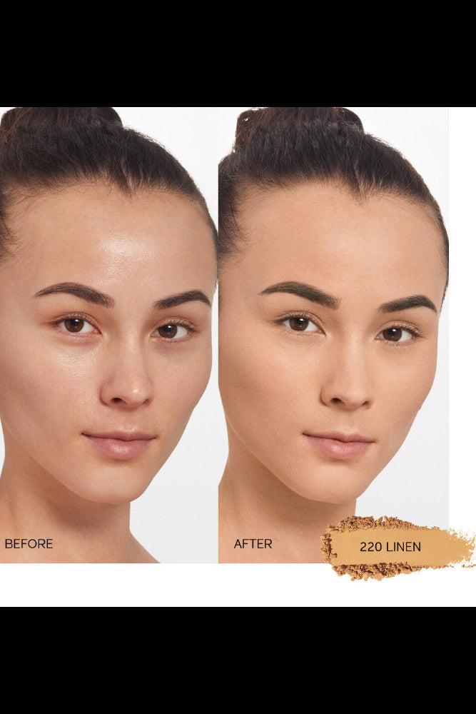 Before and after comparison of a woman's face with 220 Linen makeup shade. Monza fashion outlet, monza outlet, shein outlet, shien outlet cosmetics, makeup, perfume