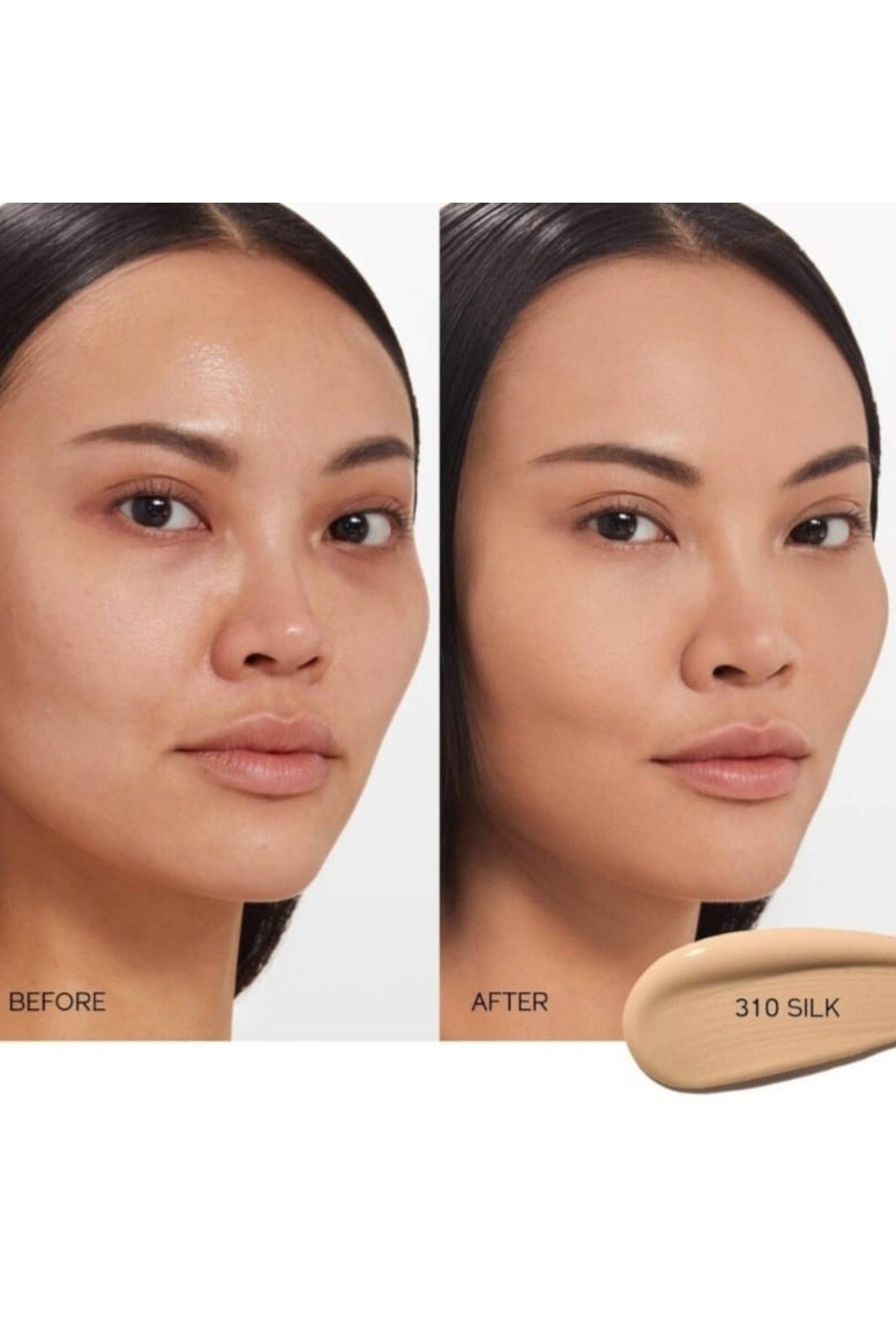 Before and after comparison of a woman's face with a makeup swatch labeled 310 Silk. Shiseido, Monza Outlet, Monza Fashion, Shein Outlet