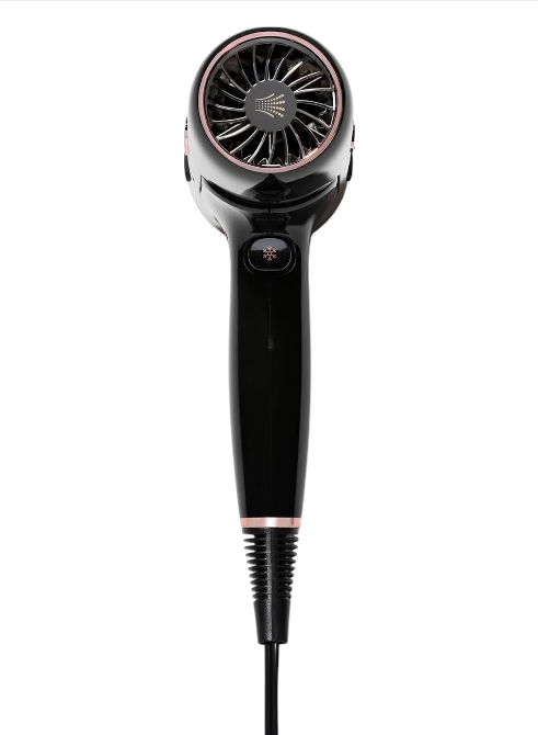 Black hair dryer with rose gold accents on a white background T3 Monza Outlet