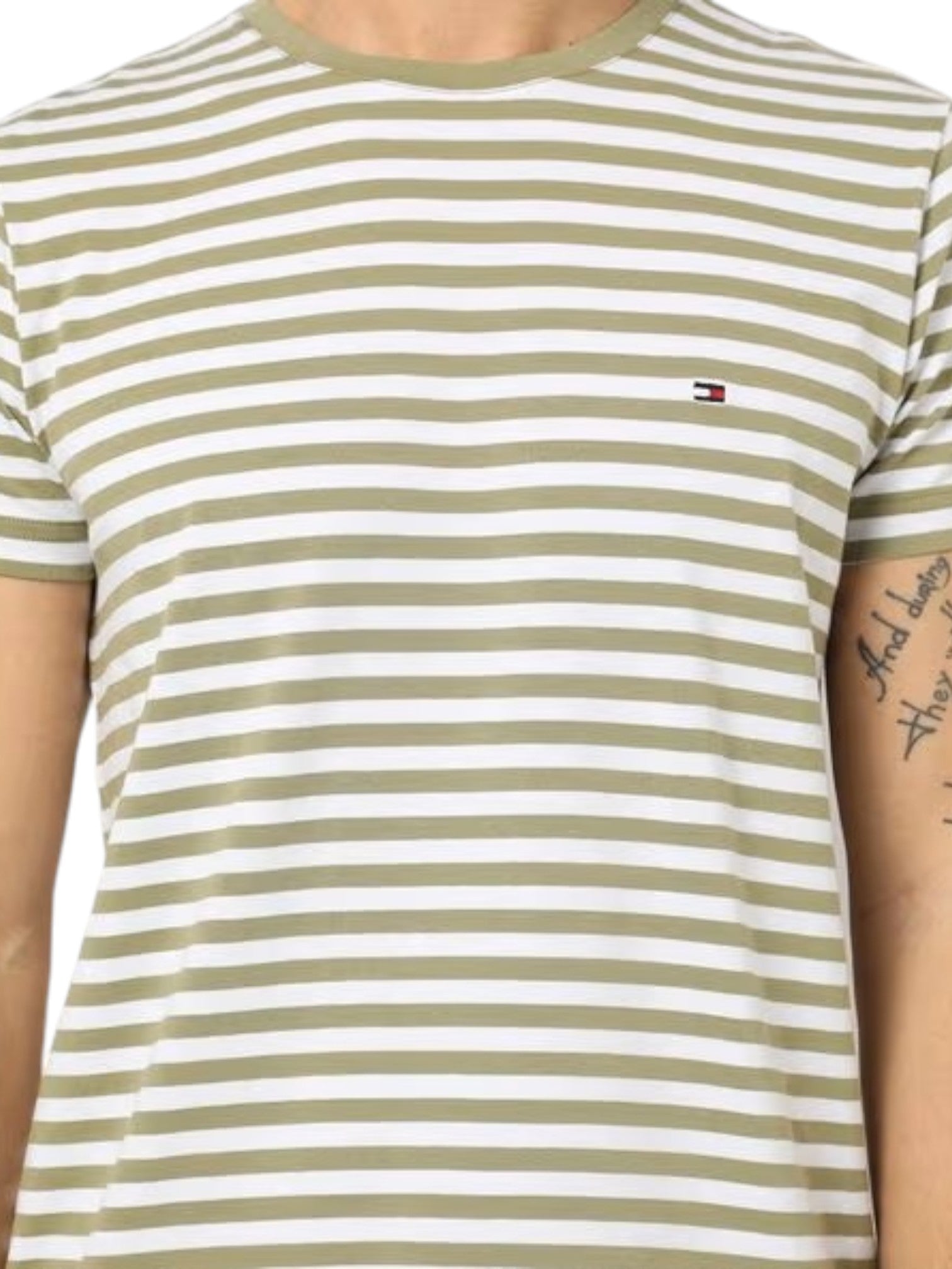 Person wearing a green and white striped t-shirt with a small logo on a plain background. Tommy, Monza Outlet, Monza Fashion, Shein Outlet