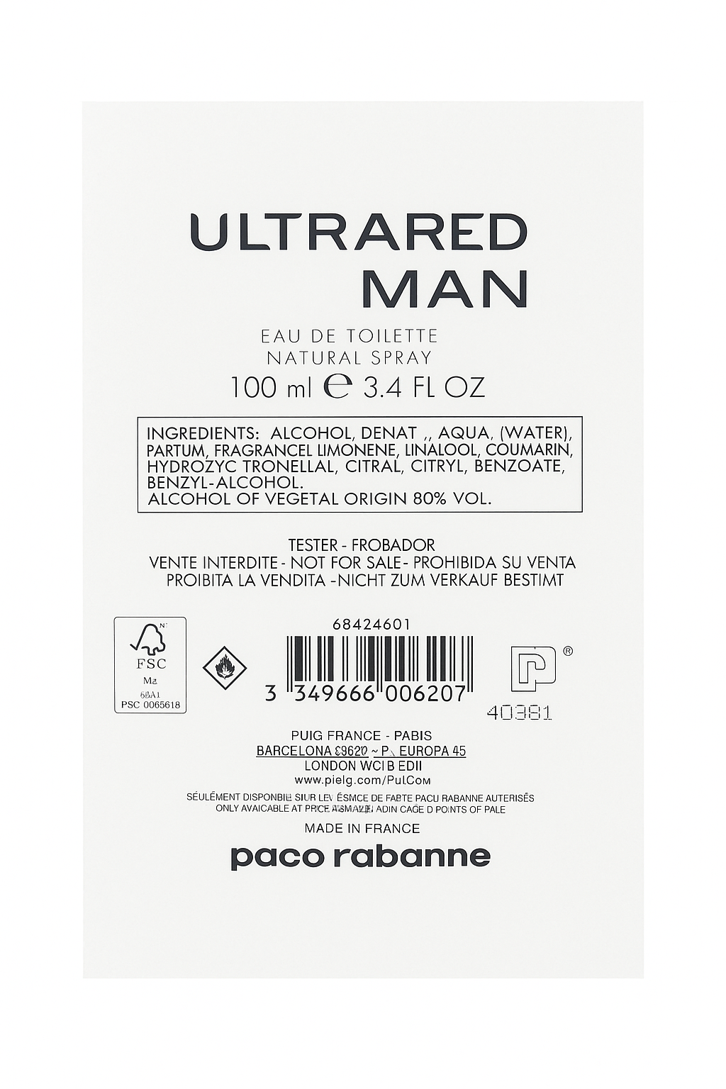 Paco Rabanne Ultrared Man eau de toilette spray bottle label on a white background Monza Outlet