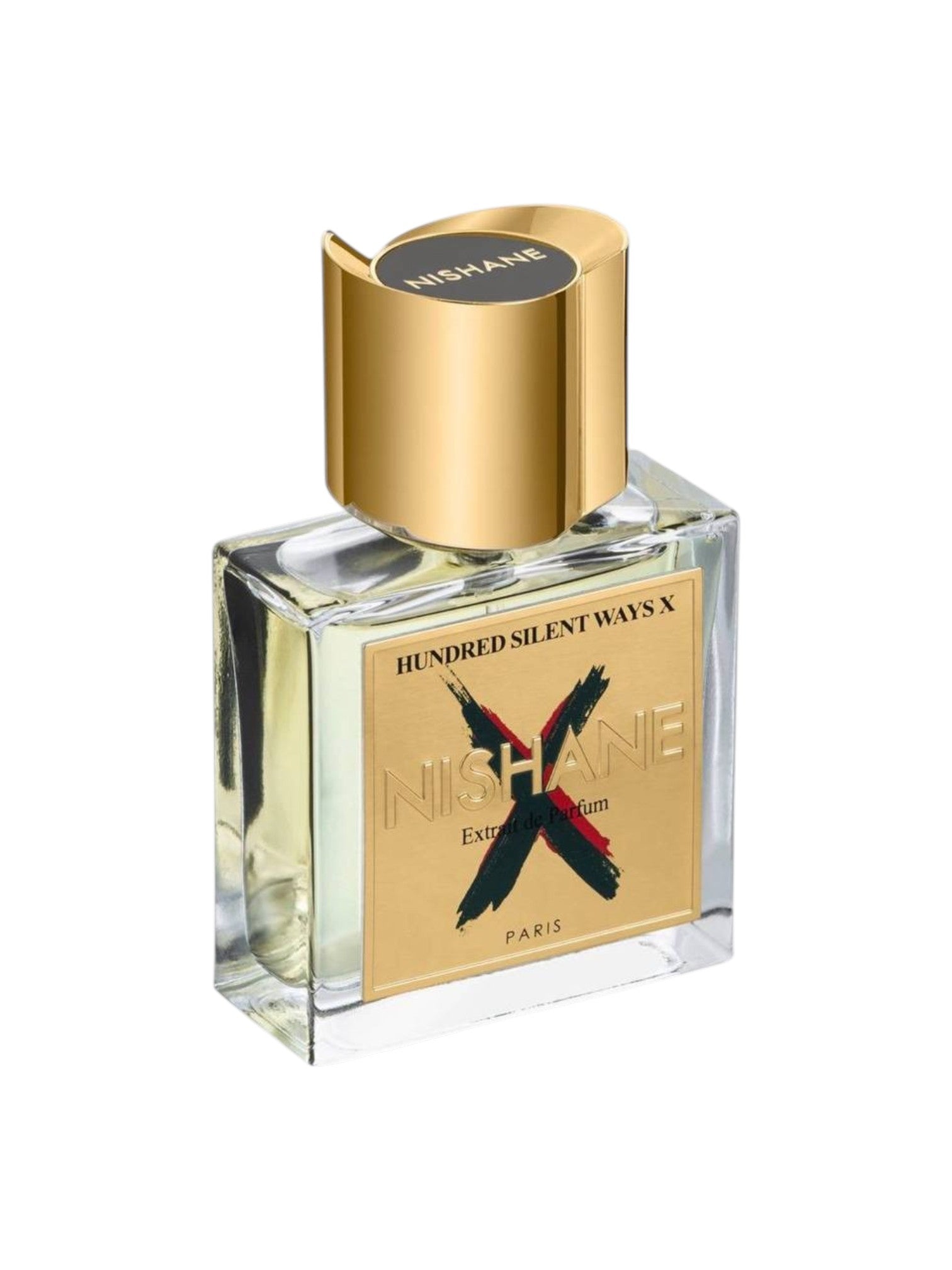 Perfume bottle with gold cap and black text on a white background. Nishane, Monza Outlet, Monza Fashion, Shein Outlet