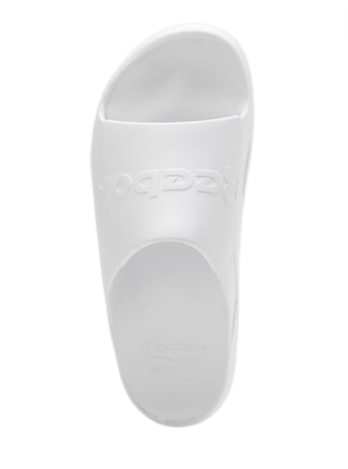 White slide sandal with brand logo on a white background monza outlet, Shein outlet, monza fashion