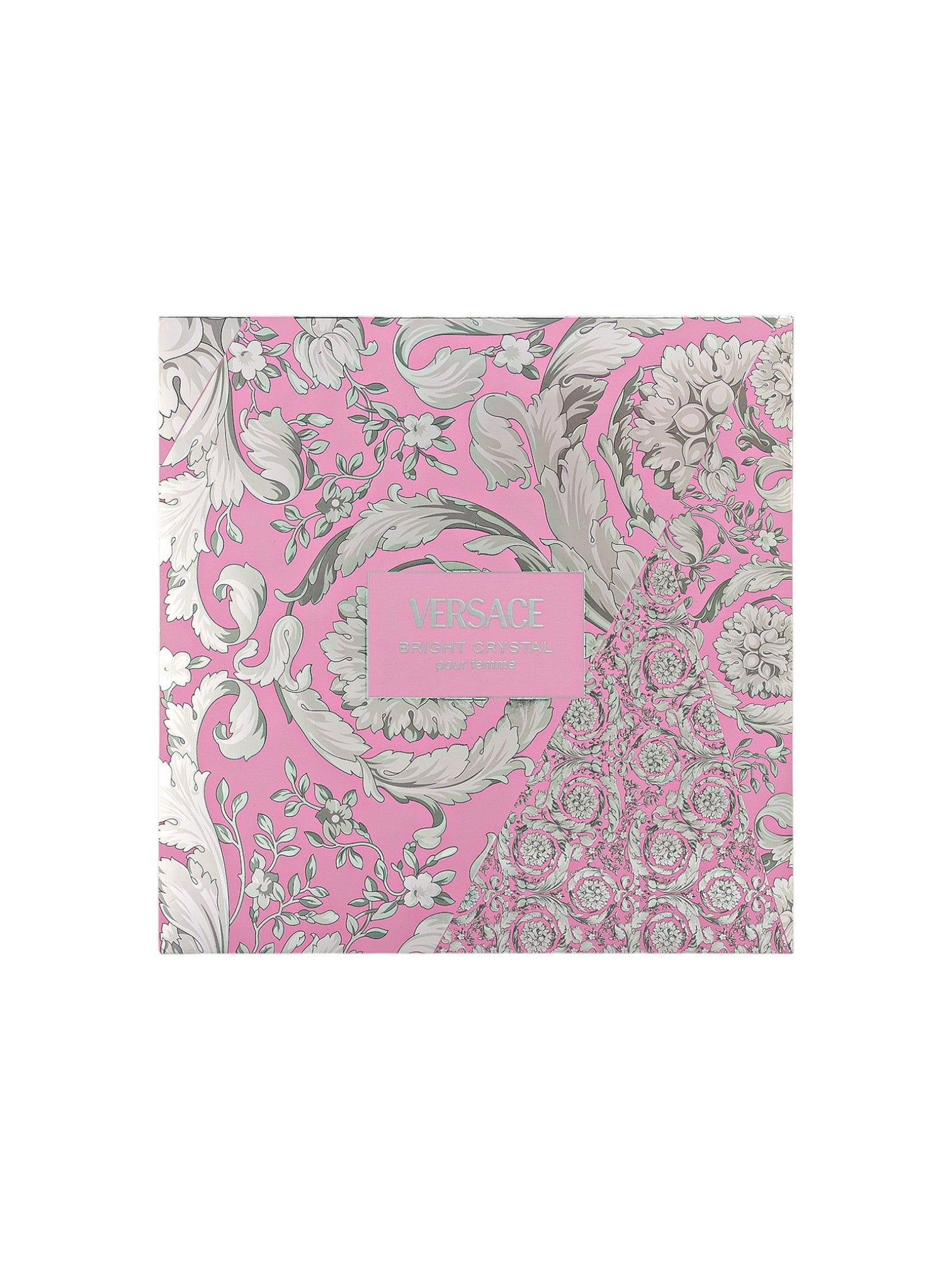 Product packaging with pink and gray floral pattern on a white background. Versace, Monza Outlet, Monza Fashion, Shein Outlet