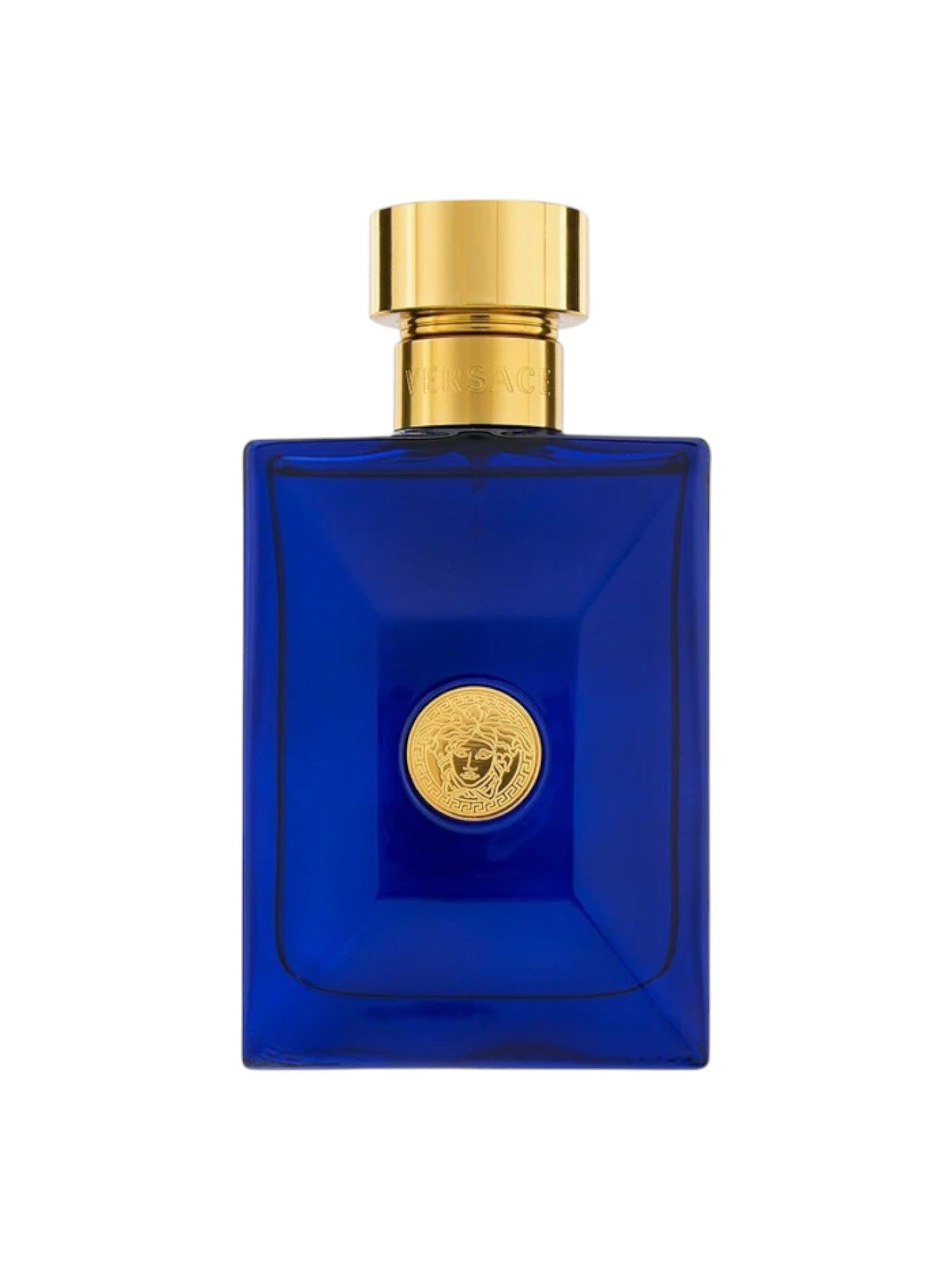 Blue perfume bottle with gold cap and emblem on a white background. Versace, Monza Outlet, Monza Fashion, Shein Outlet