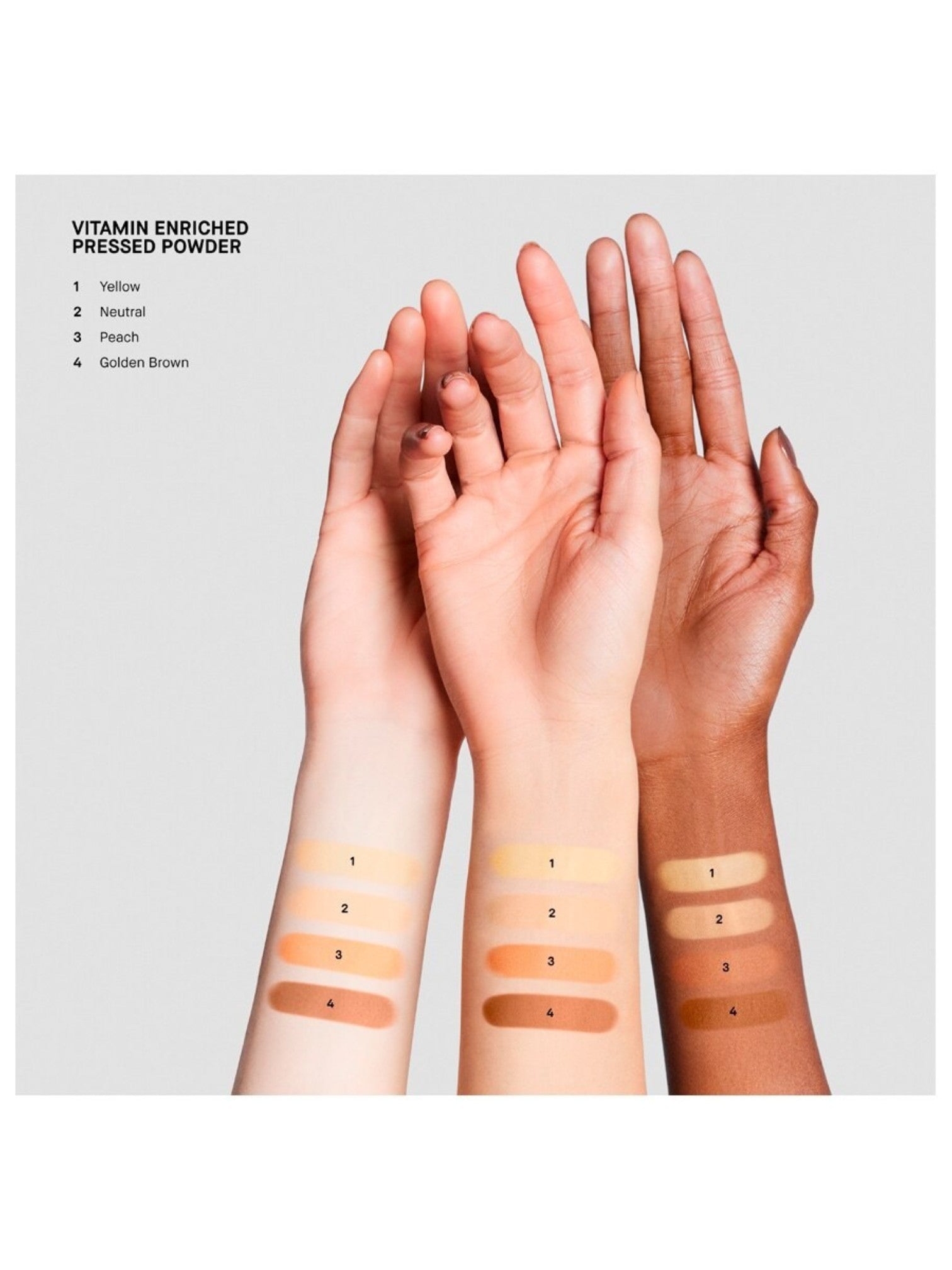 Hands with swatches of pressed powder in various shades on a neutral background. Bobbi Brown, Monza Outlet, Monza Fashion, Shein Outlet