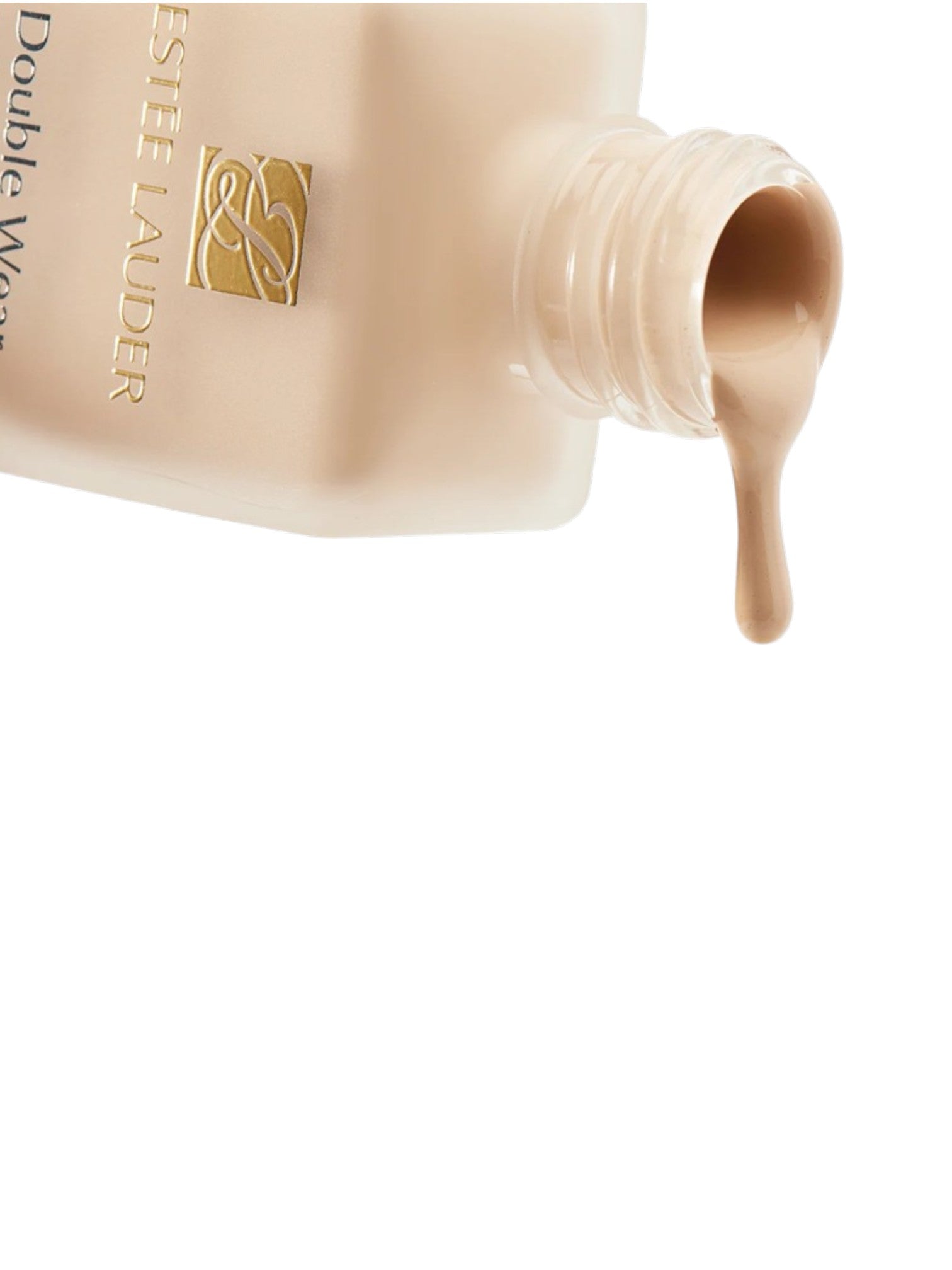 Estée Lauder foundation bottle with cream being poured out on a white background. Estée Lauder, Monza Outlet, Monza Fashion, Shein Outlet