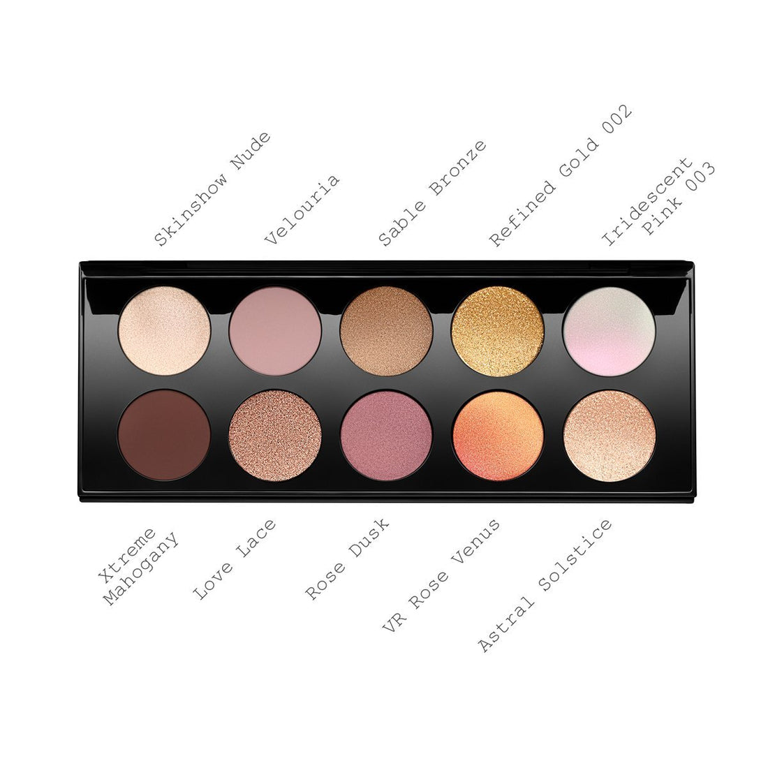 Makeup palette with labeled shades on a white background. Monza Outlet