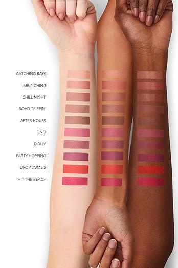 Three arms with different skin tones displaying a range of lipstick swatches on a white background. Monza fashion outlet, monza outlet, shein outlet, shien outlet cosmetics, makeup, perfume