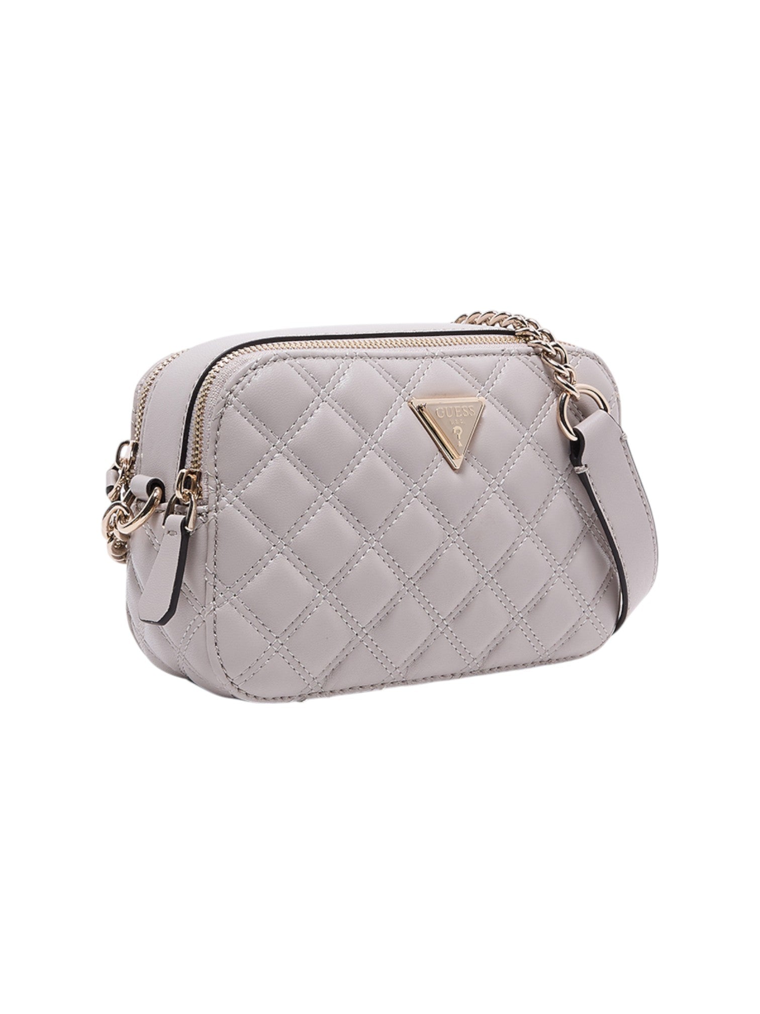Quilted gray handbag with a brand logo on a white background. Guess, Monza Outlet, Monza Fashion, Shein Outlet