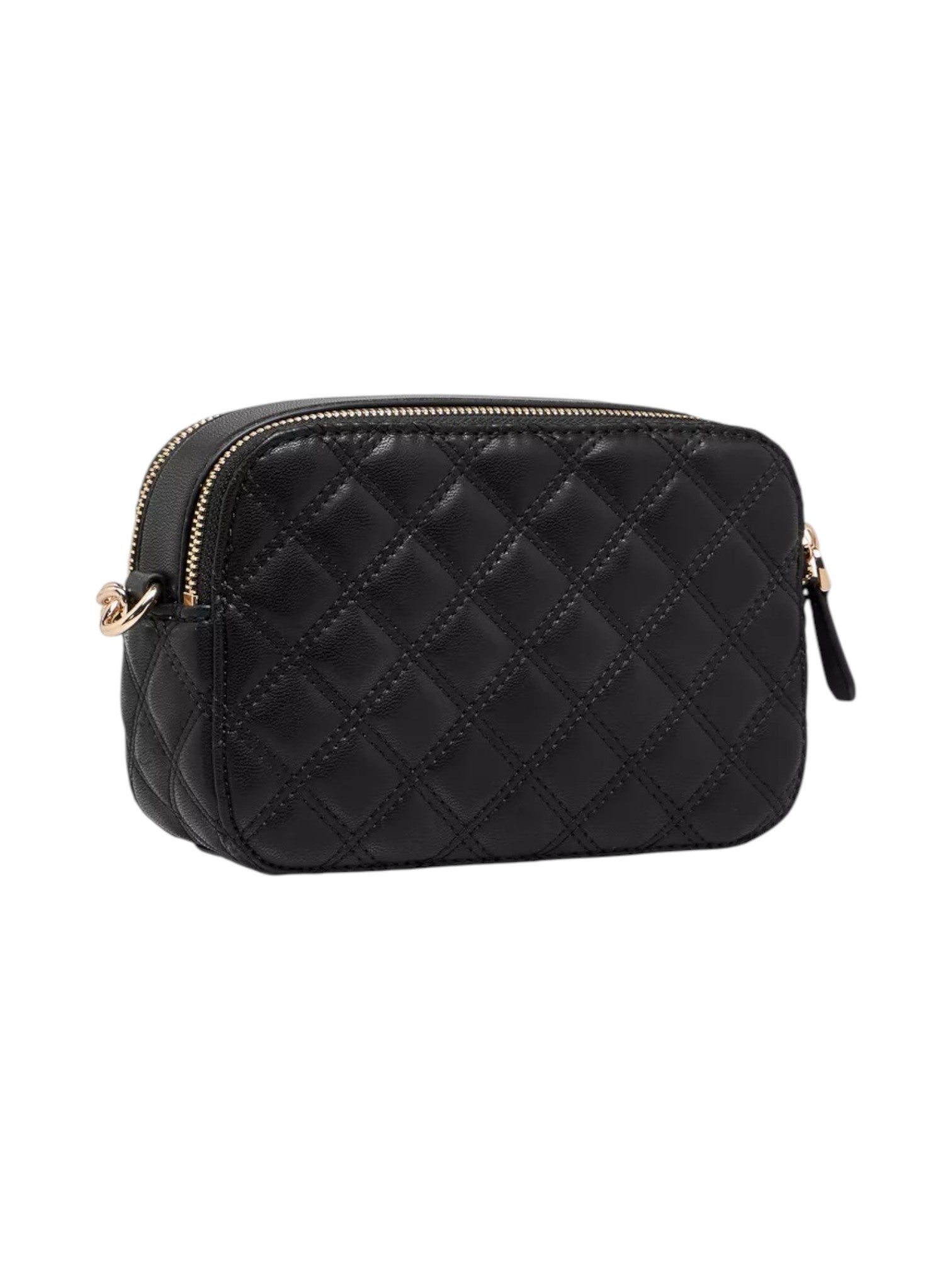 Black quilted handbag with gold zipper on a white background. Guess, Monza Outlet, Monza Fashion, Shein Outlet
