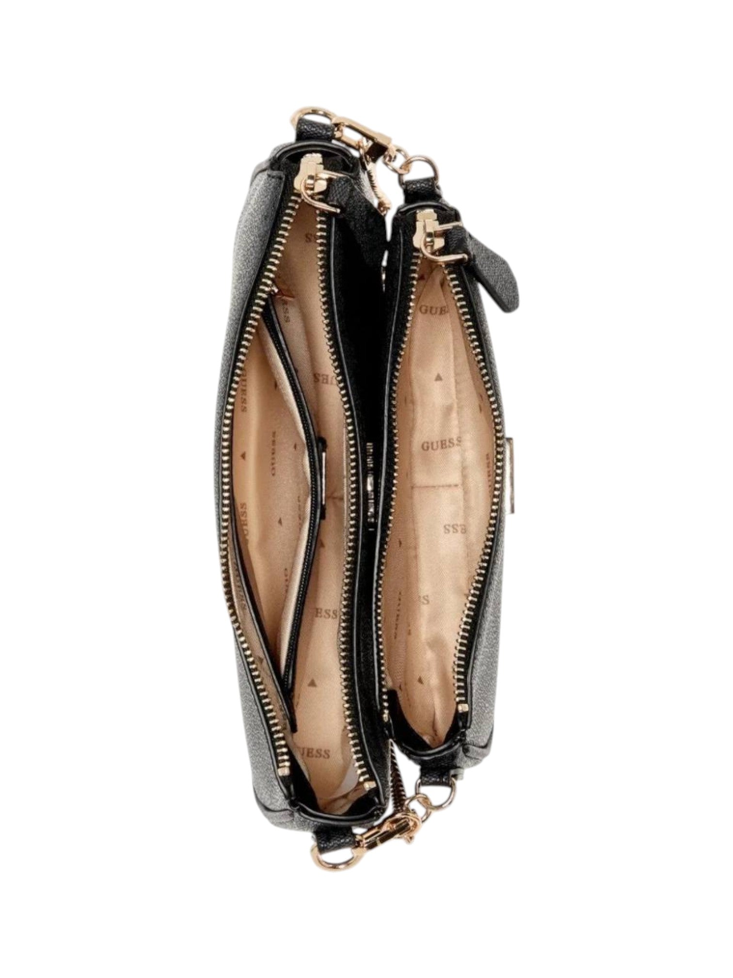 Black handbag with gold zippers on a white background. Guess, Monza Outlet, Monza Fashion, Shein Outlet