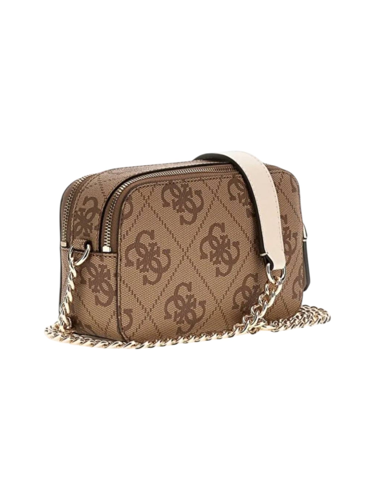 Beige handbag with brand logo on a white background. Guess, Monza Outlet, Monza Fashion, Shein Outlet