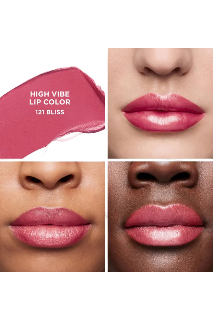 Collage of a pink lip color swatch and its application on different skin tones. Monza fashion outlet, monza outlet, shein outlet, shien outlet cosmetics, makeup, perfume