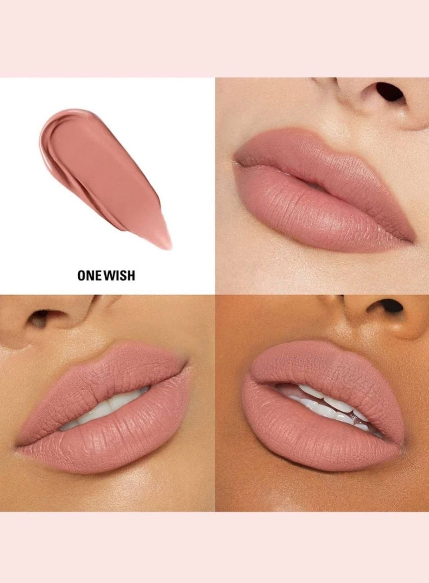 Lipstick swatch and application on lips with 'ONEWISH' branding. Kylie Cosmetics, Monza Outlet, Monza Fashion, Shein Outlet